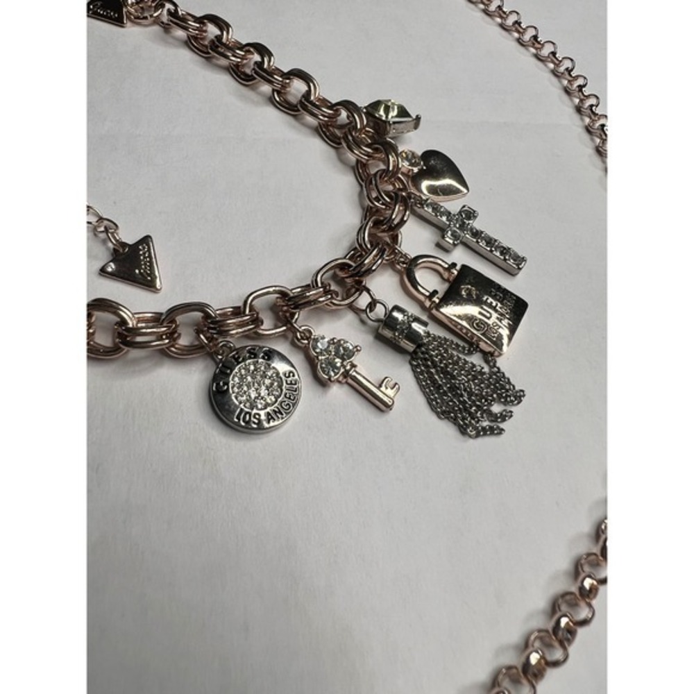 Guess Y2K Rose‎ Gold Tone Charm Bracelet Lock Heart Cross Key Tassel Rhinestone - Picture 4 of 7